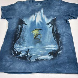 Vintage The Mountain 2002 Dragon Print Blue Tie Dye T-Shirt Size Med